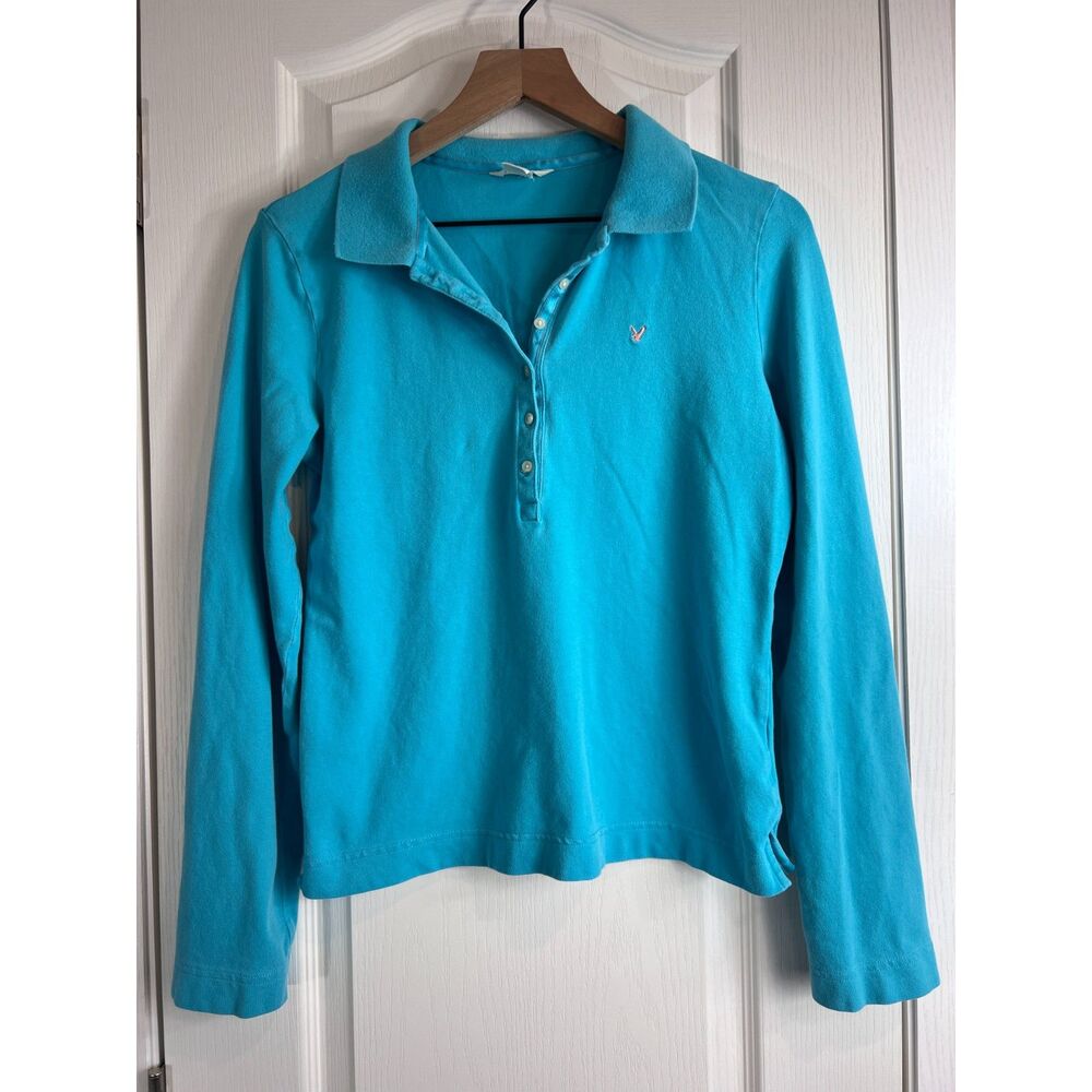 Vintage Y2K American Eagle Outfitters Women's Blue Pique Polo Top Size L